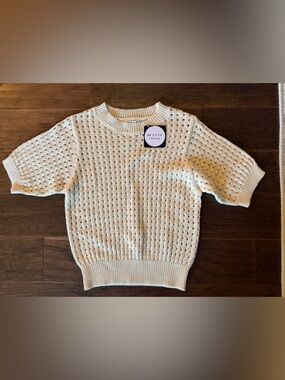 TCEC Cream Open-Knit Short Sleeve Crewneck Sweater